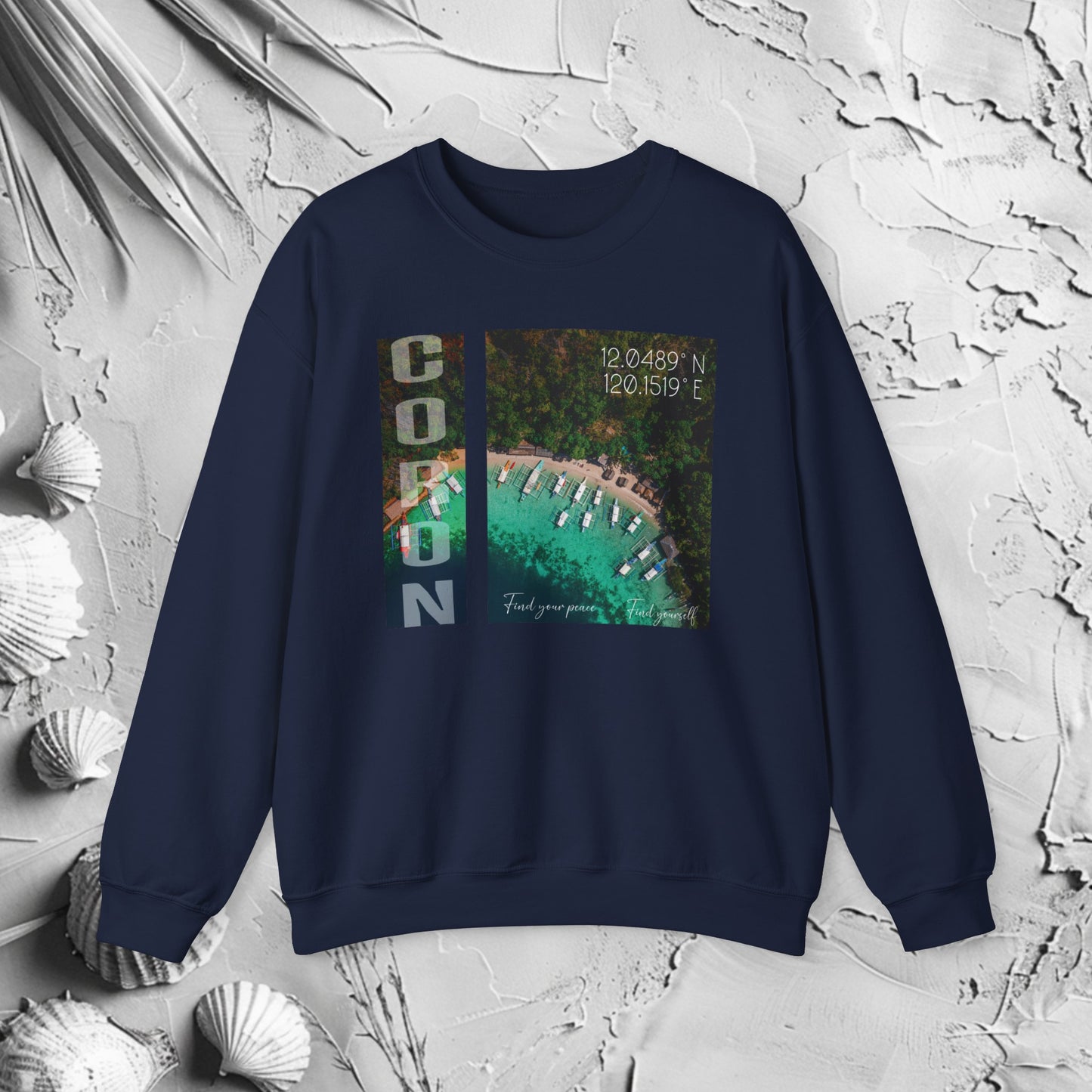 Find Coron Crewneck Sweatshirt | Modern Filipino Clothing | HINIRANG. Discover the Find Coron graphic crewneck. A stylish piece of modern Filipino clothing by HINIRANG, this modern, stylish heavy blend crewneck combines comfort with a unique design, perfect for any casual outfit. Elevate your wardrobe with this standout piece.