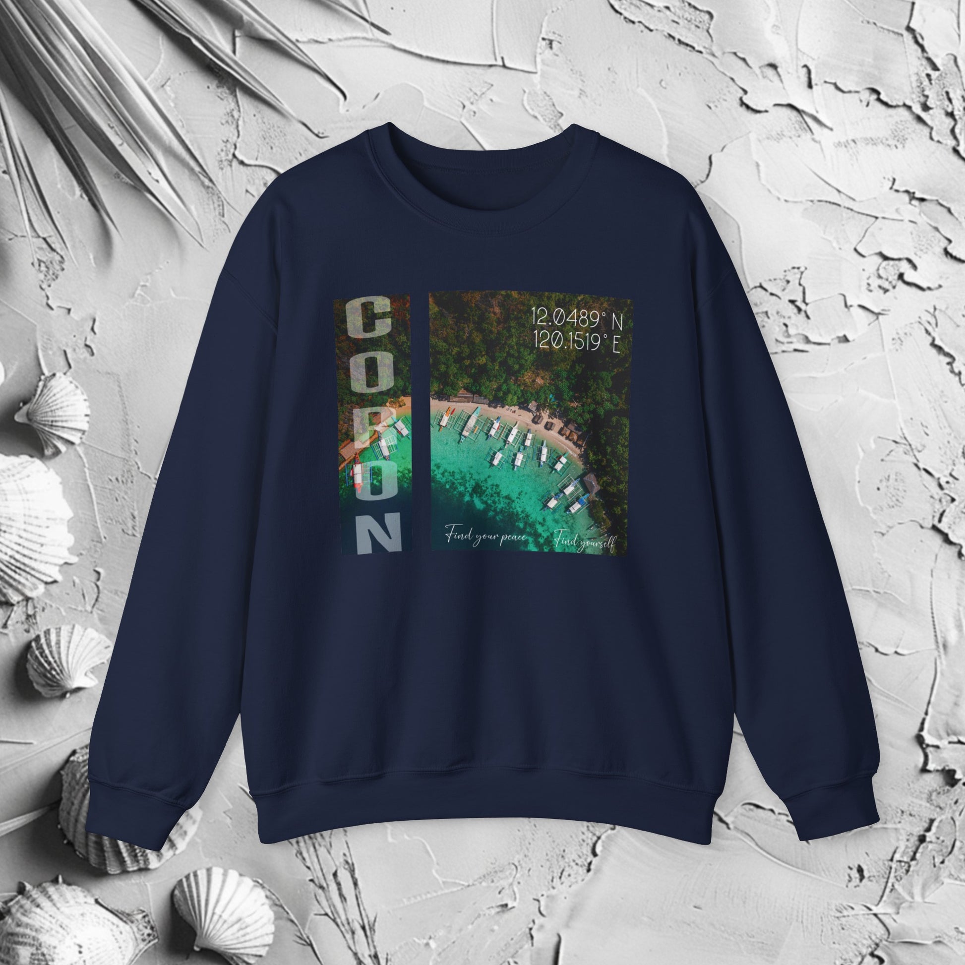 Find Coron Crewneck Sweatshirt | Modern Filipino Clothing | HINIRANG. Discover the Find Coron graphic crewneck. A stylish piece of modern Filipino clothing by HINIRANG, this modern, stylish heavy blend crewneck combines comfort with a unique design, perfect for any casual outfit. Elevate your wardrobe with this standout piece.
