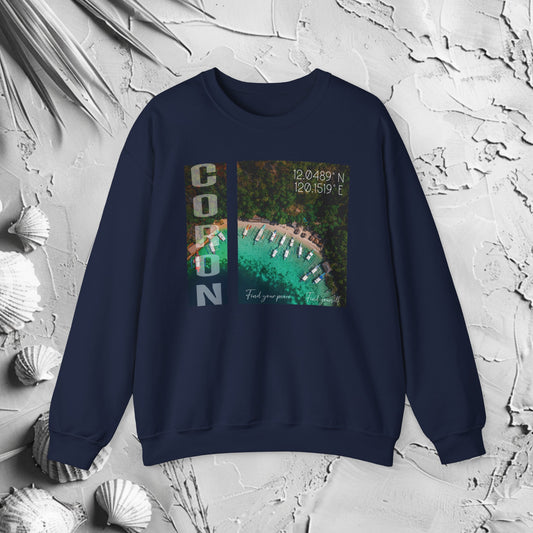 Find Coron Crewneck Sweatshirt | Modern Filipino Clothing | HINIRANG. Discover the Find Coron graphic crewneck. A stylish piece of modern Filipino clothing by HINIRANG, this modern, stylish heavy blend crewneck combines comfort with a unique design, perfect for any casual outfit. Elevate your wardrobe with this standout piece.