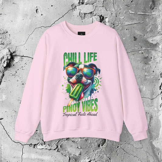 Chill Life Pinoy Vibes Crewneck Sweatshirt | Modern Filipino Clothing | HINIRANG. Embrace Filipino pride with the Chill Life Pinoy Vibes graphic t-shirt from Hinirang, a modern Filipino clothing brand. Perfect for casual wear, showcasing vibrant Pinoy culture in style!