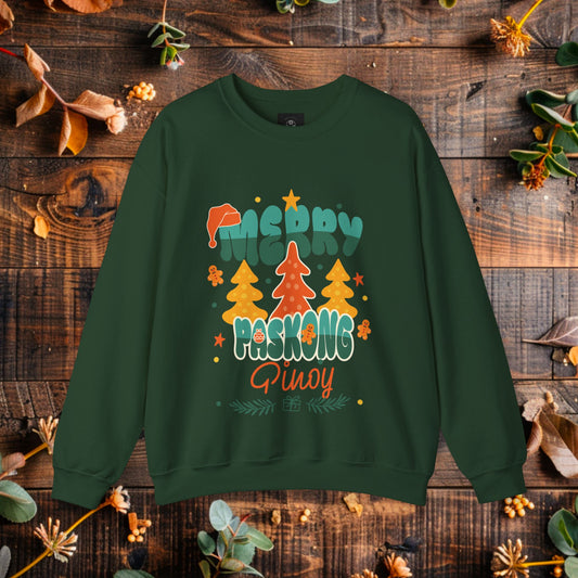 Merry Paskong Pinoy Crewneck Sweatshirt | Modern Filipino Clothing | HINIRANG. Celebrate the holidays in true Pinoy fashion with our Merry Paskong Pinoy Crewneck Sweater, a festive piece from a Filipino clothing brand that honors Filipino Christmas traditions. ‘Paskong Pinoy’ captures the warmth, joy, and togetherness of the longest Christmas season in the world. Wear the holiday spirit with pride!