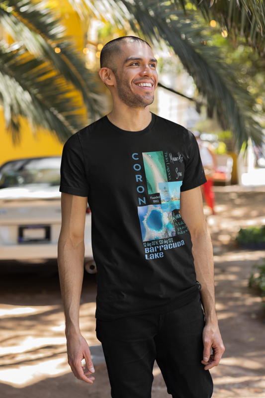 Elevate your style with this Filipino clothing brand, vibrant graphic t-shirt, unisex classic fit, short sleeves + soft cotton with ribbed-knit collar with seam. Wear Coron, where limestone cliffs meet turquoise seas, with vibrant coral reefs and WWII shipwrecks awaiting in paradise.