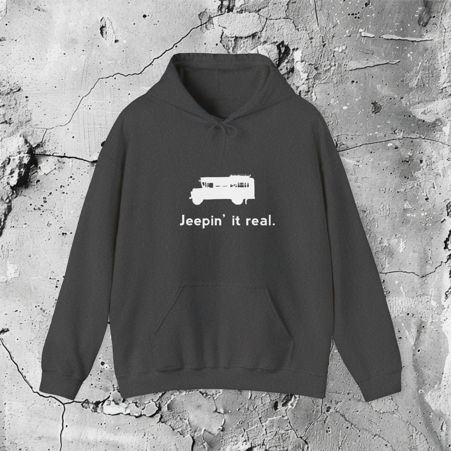 Jeepin' It Real (W) Hooded | Modern Filipino Clothing | HINIRANG. Elevate your style with Filipino clothing brand, unisex heavy blend cotton and polyester hoodie with spacious kangaroo pocket. A cultural icon that reflects the identity, values, and creativity of the Filipino people. Wear the Philippine jeepney with pride!