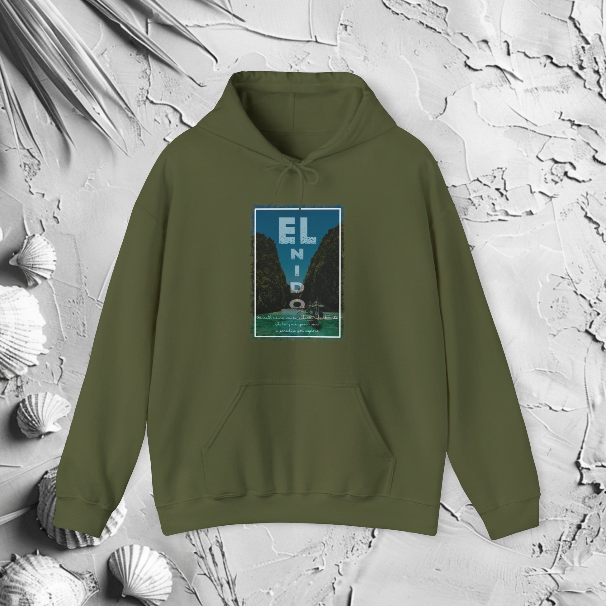 El Nido Hooded Sweatshirt | Filipino Clothing Brand | HINIRANG. Experience comfort and style with our Long Waist Sweatshirt, featuring the El Nido Hood and HINIRANG design in modern Filipino clothing. Perfect for casual outings and cozy evenings.