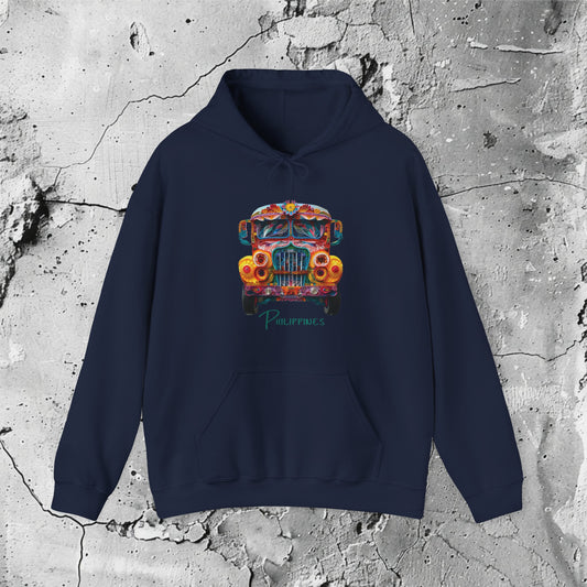 Jeepney Philippines Hooded | Modern Filipino Clothing | HINIRANG. Elevate your style with this Filipino clothing brand, unisex heavy blend cotton and polyester hoodie with spacious kangaroo pocket A cultural icon that reflects the identity, values, and creativity of the Filipino people. Wear the Philippine jeepney with pride!