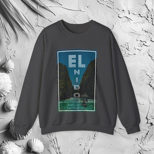 El Nido Crewneck Sweatshirt | Filipino Clothing Brand | HINIRANG. Discover the El Nido graphic crewneck by HINIRANG. This modern Filipino clothing, stylish heavy blend crewneck combines comfort with a unique design, perfect for any casual outfit. Elevate your wardrobe with this standout piece.