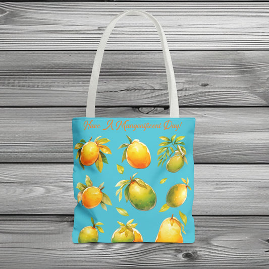 Mangonificent Day! Tote Bag | Philippine Tote Bag. Carry a taste of the tropics with the 'Mangonificent!' tote bag, a Filipino canvas bag that celebrates the love for mangoes. This durable and stylish tote is perfect for your daily essentials, adding a sweet touch of Filipino culture to your everyday adventures.