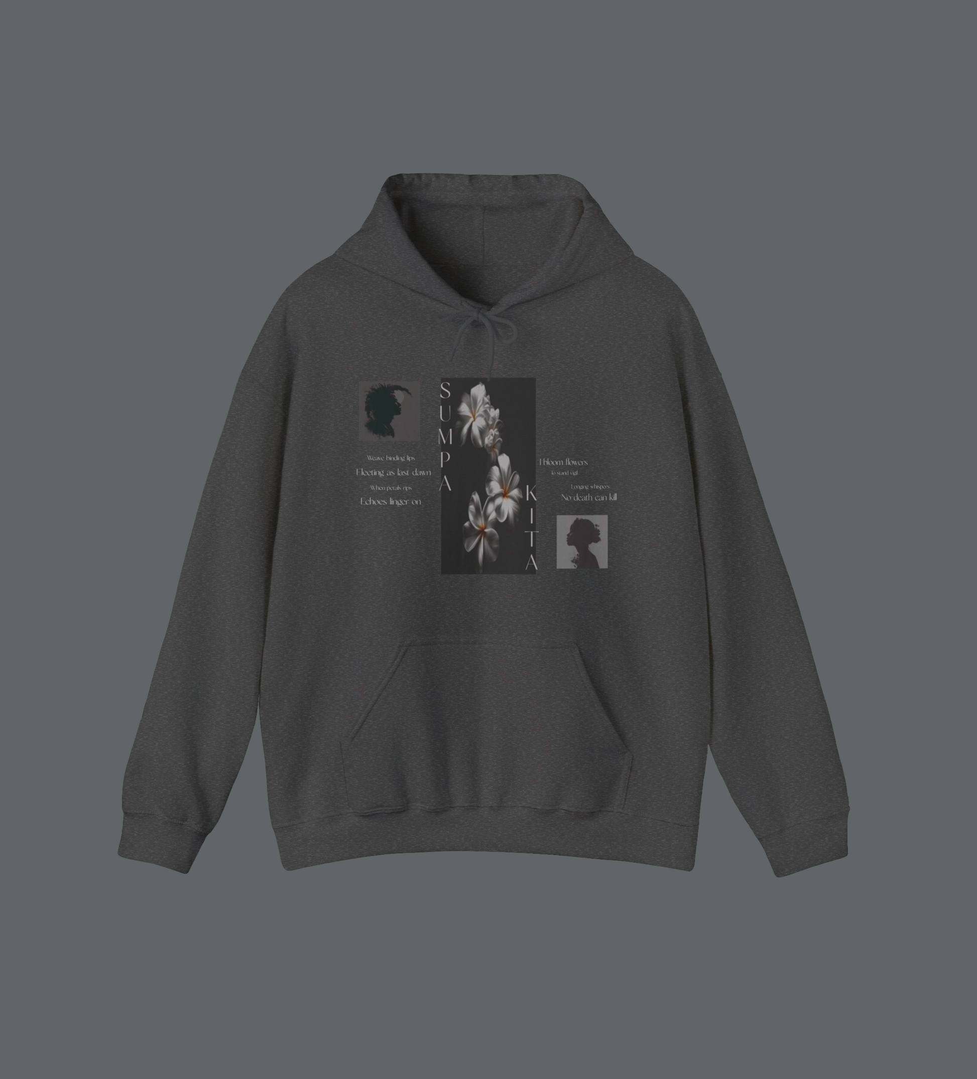Elevate your style with this Filipino clothing brand, unisex heavy blend cotton and polyester hoodie with spacious kangaroo pocket. How long can a promise last? An artistic depiction of a floral emblem, Philippines' national flower, sampaguita, featured in this classic hoodie with soft cotton and quality print.